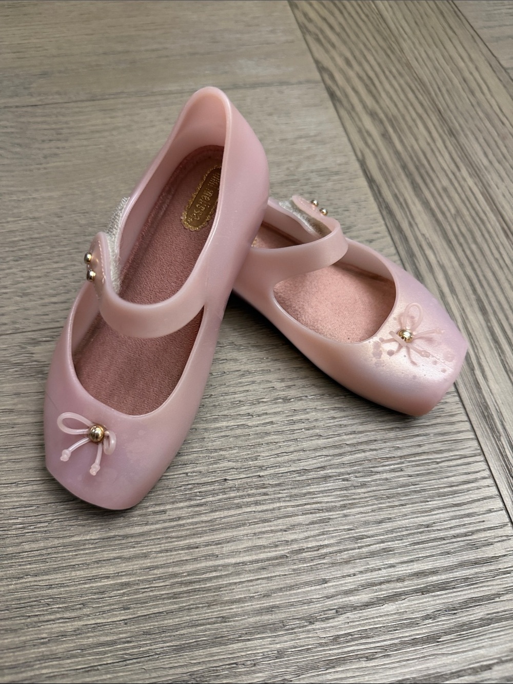 Mini Melissa Soft Pink Mary Jane Flats with Bow and Gold Bead